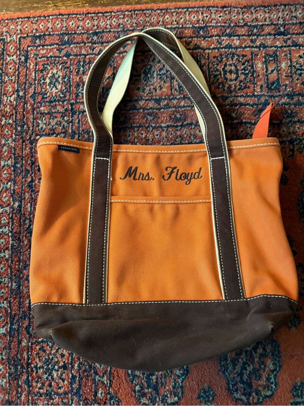 Lands End Personalized Orange Canvas Tote with Brown Trim